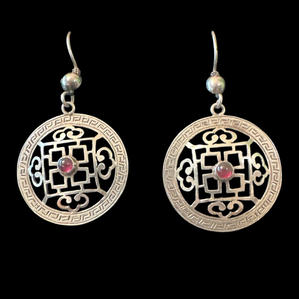 Vintage Sterling Silver Chinese Lattice Drop Earrings with Garnet Stone Center
